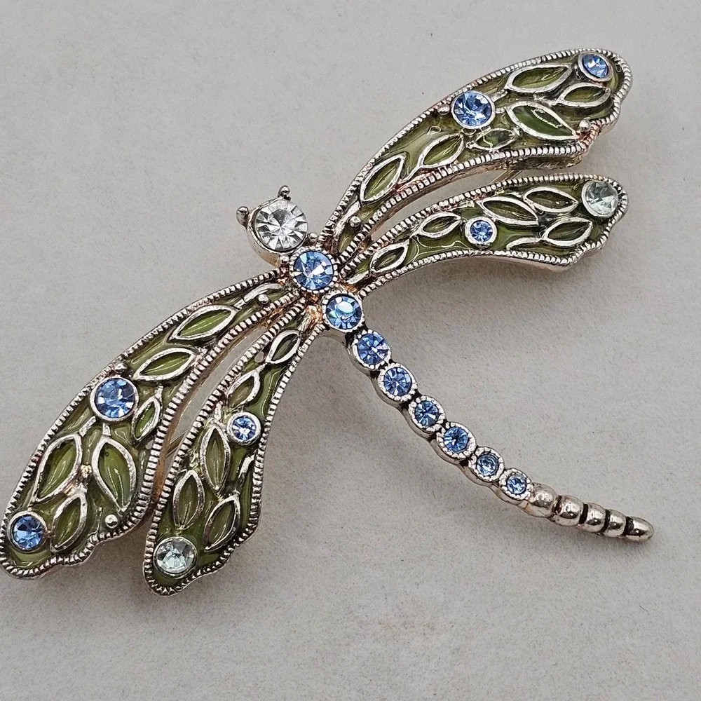 Dragonfly Brooch Pin Set 2pc Silver Tone Blue Green Rhinestone Enamel Pastels
